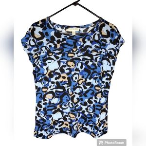 Dana Buchman blue, black and tan leopard print blouse size M